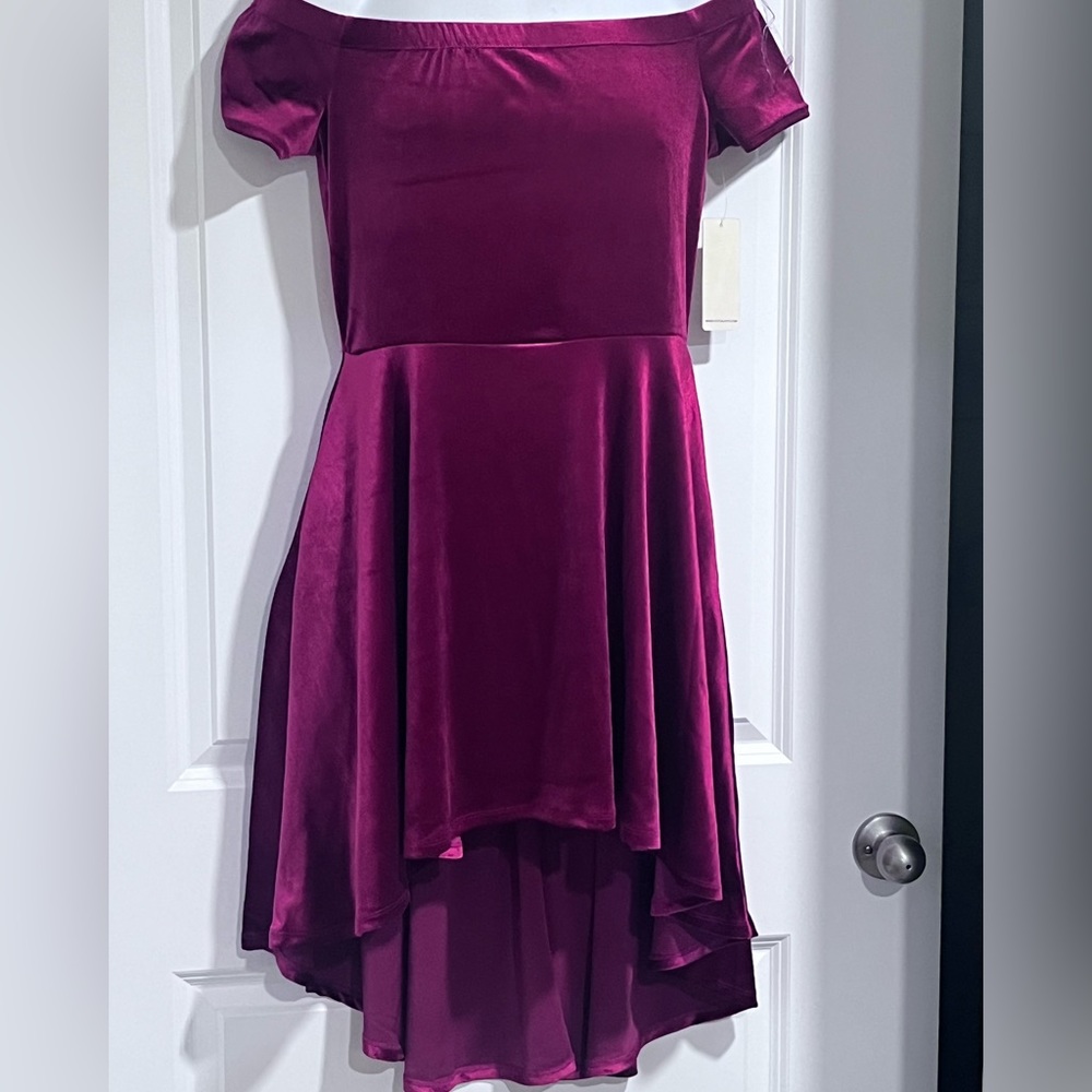 HOCO homecoming high low off the shoulder velvet burgundy dress